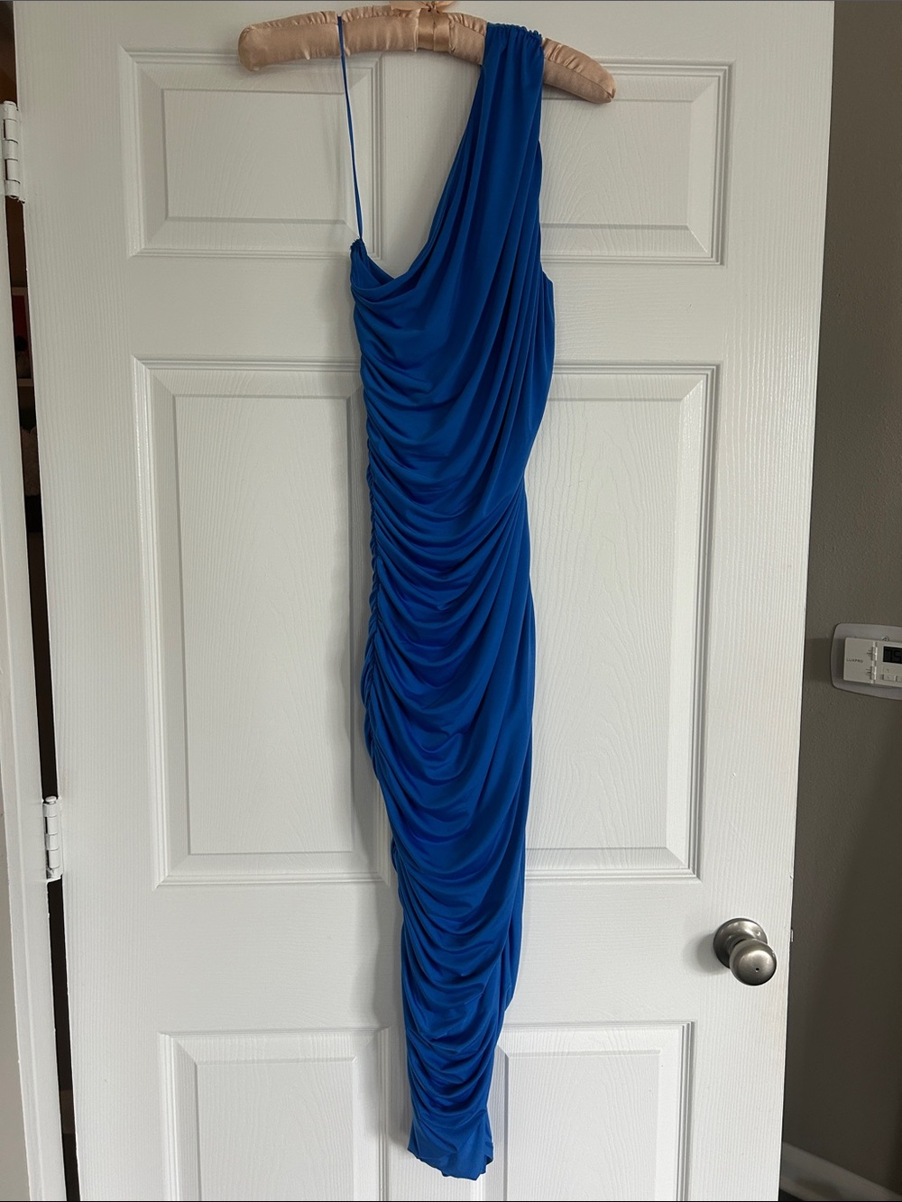 Express One-Shoulder Draped Dress in Bright Blue
